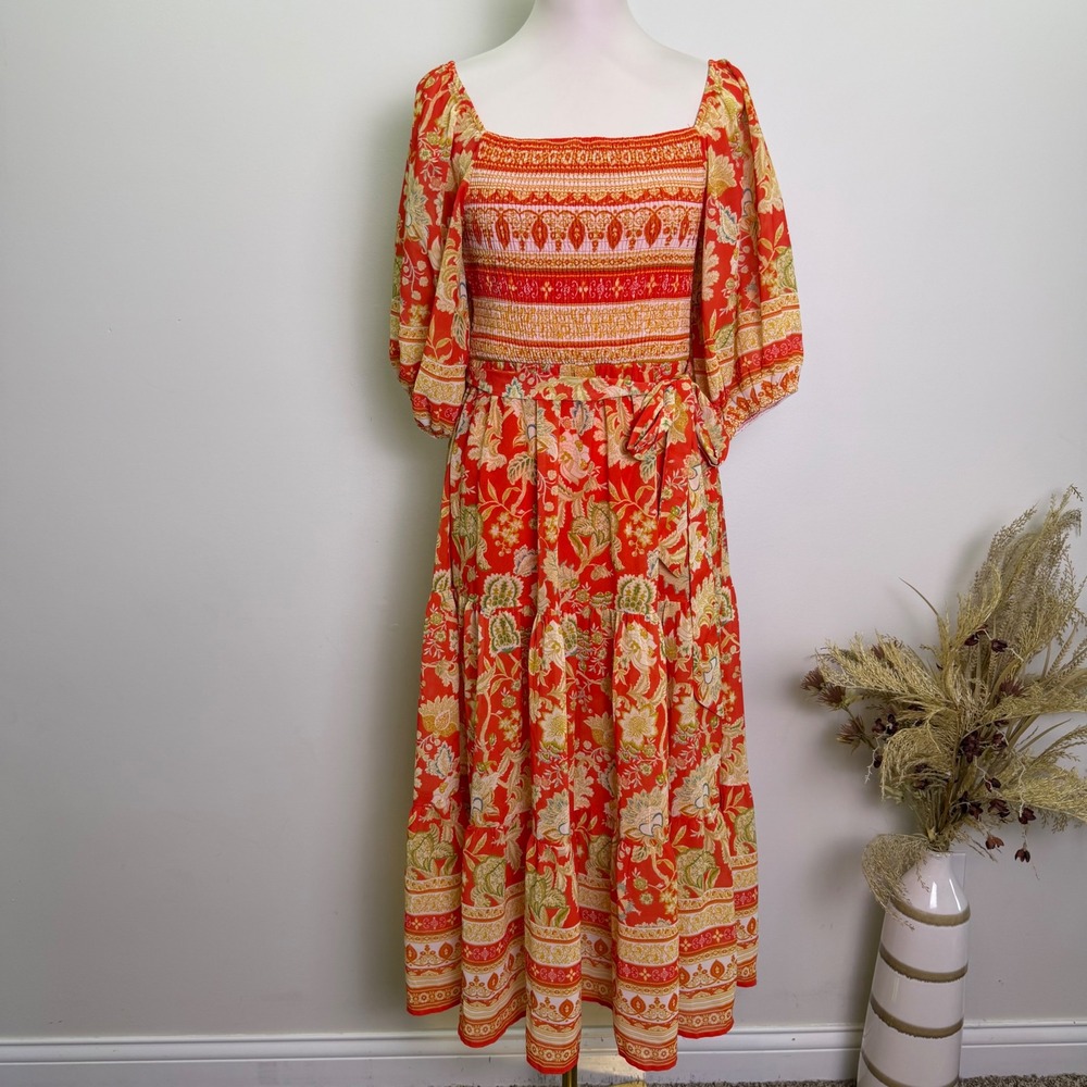 Flying Tomato Womens Large Red Floral Paisley Smocked Tiered Midi Dress Boho